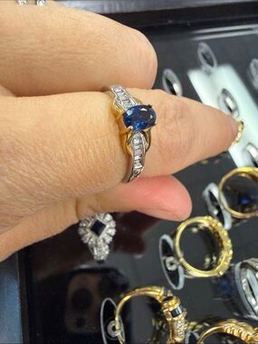 Two tone Blue Sapphire and Diamond Accent Ring - size 7